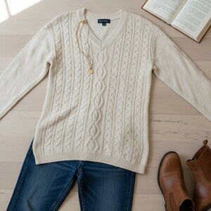 Cream White Oversized V-Neck Cable Knit Sweater Womens XS